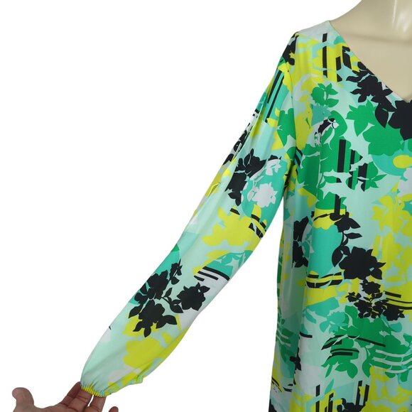 KAARI Blue V-Neck Long keyhole Sleeve yellow green abstract print Dress Size L - Picture 7 of 16